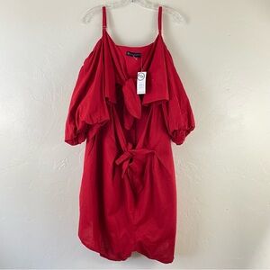 Fashion to Figure 3X Red Linen Off Shoulder Bubble Sleeve Tie-up Short Romper